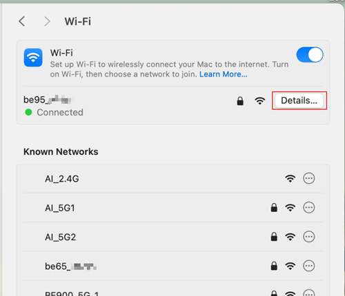 The Wi-Fi option page.