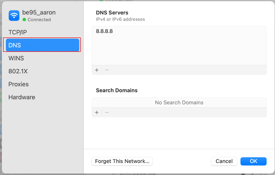 The DNS settings page.