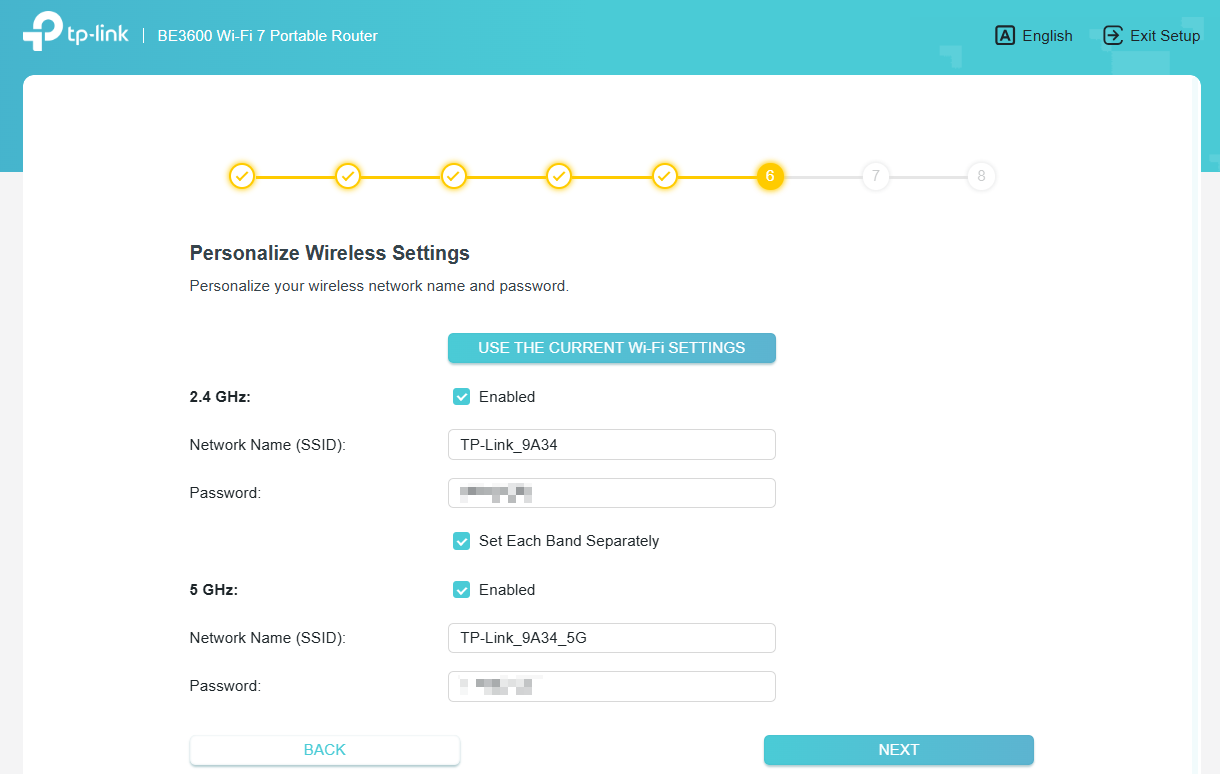 The page of personalized wireless settings.