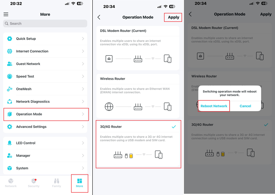 The method to change the operation mode from DSL modem router mode to 3G/4G router mode.