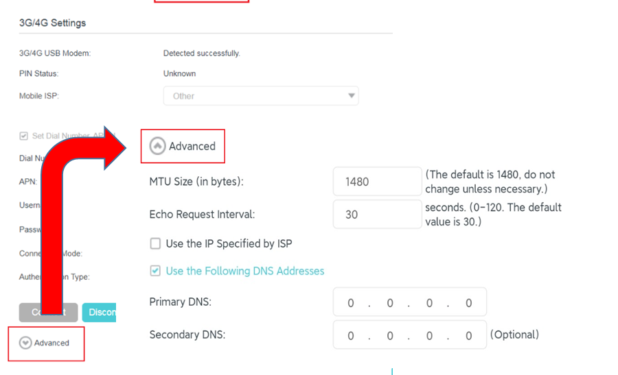 The advanced settings under 3G/4G Settings page.