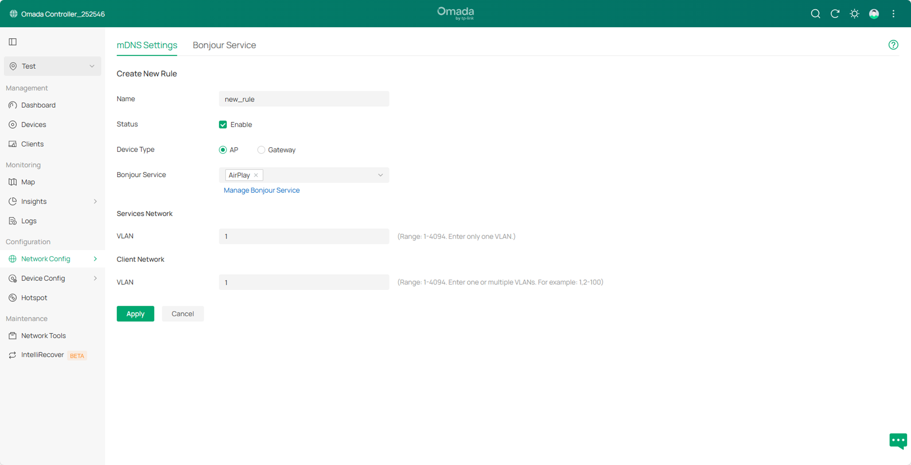 The configurations of mDNS, including Name/Status/Device Type/Bonjour Service/VLAN.