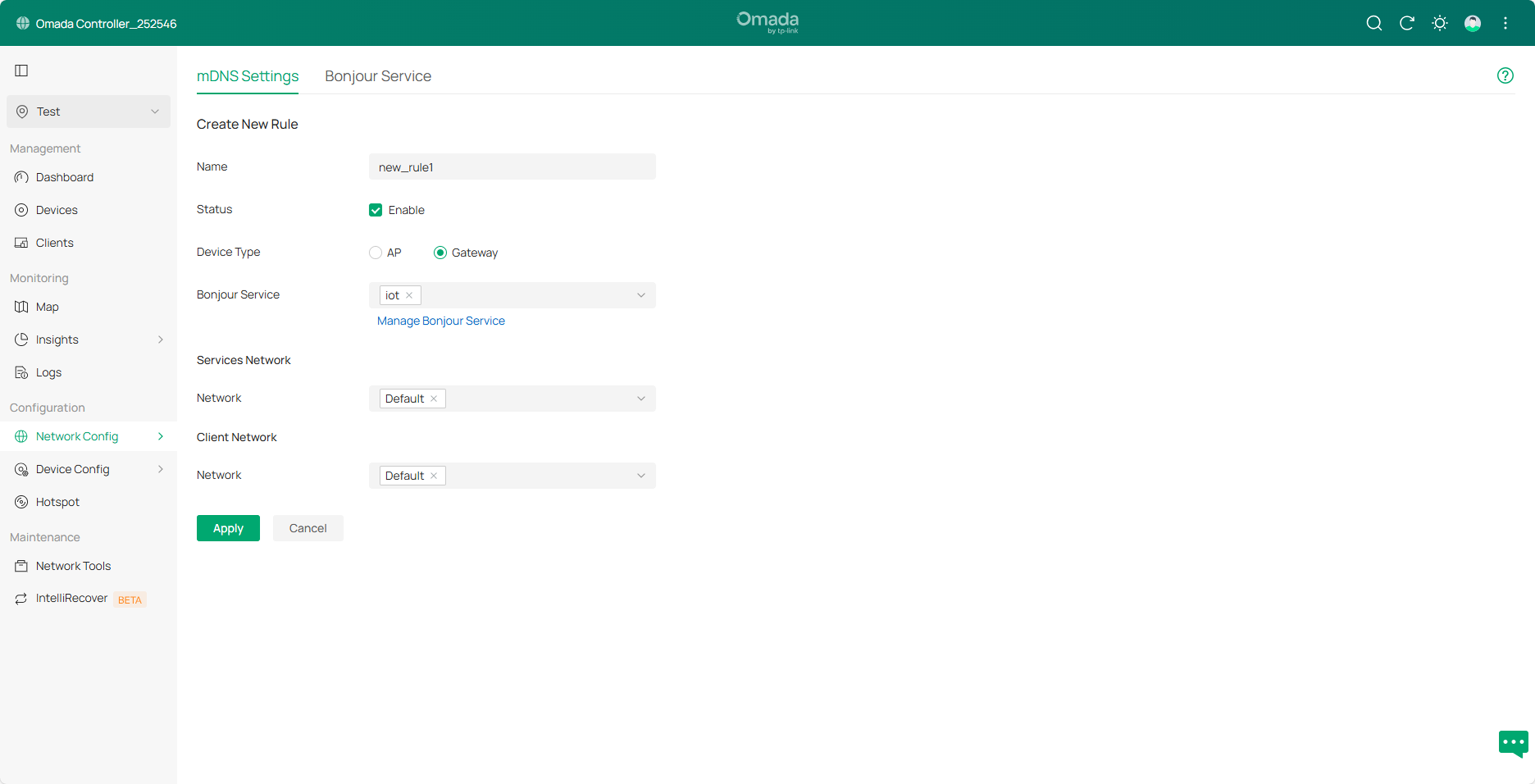The configurations of mDNS, including Name/Status/Device Type/Bonjour Service/VLAN. Here choose Bonjour Service you configured.