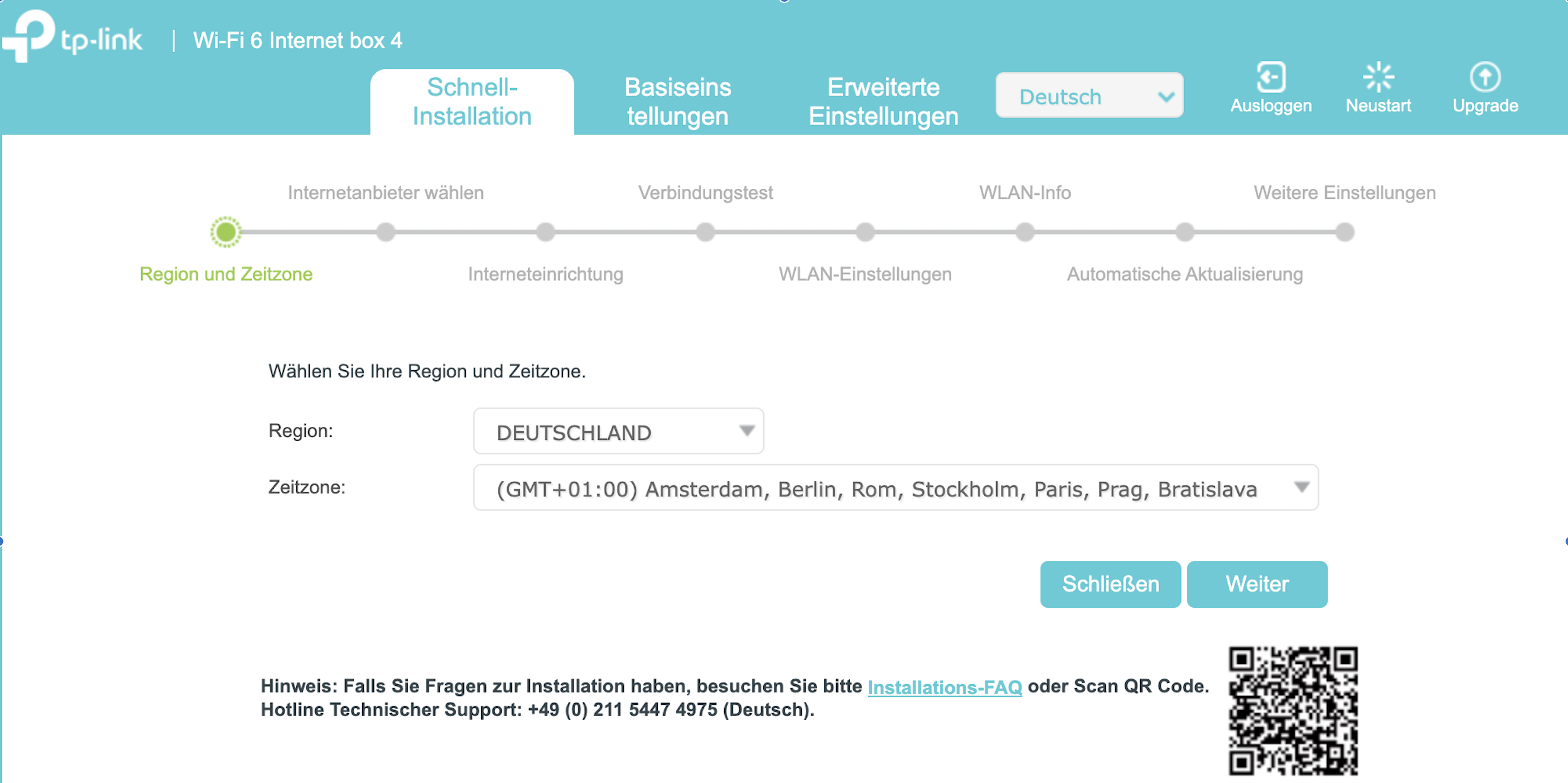 Zeitzoneneinstellungen des Schnellkonfigurationsassistenten.