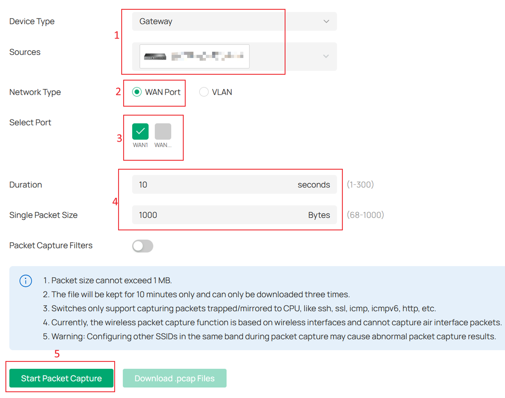 Packet capture configuration page of gateway.