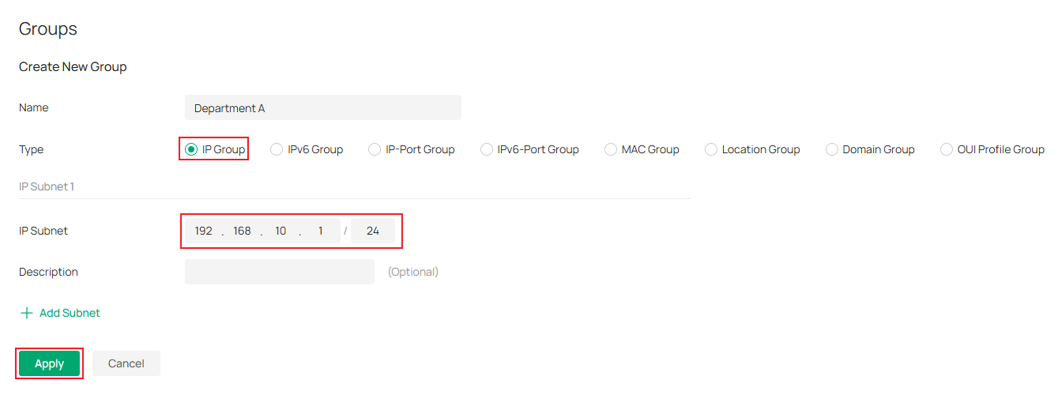 Show an example to configure the new IP group for department A.
