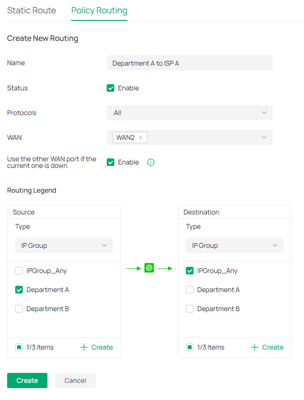 Show an example to configure the policy routing rule for department A.