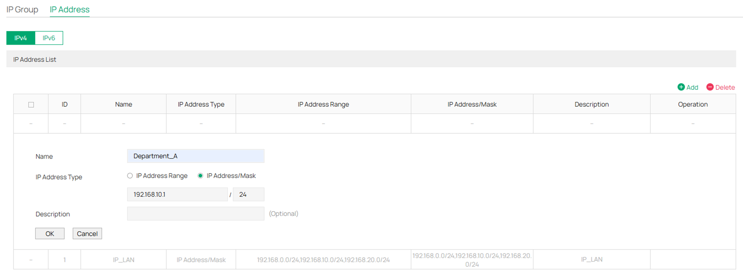 Show an example to configure an IP range for department A.