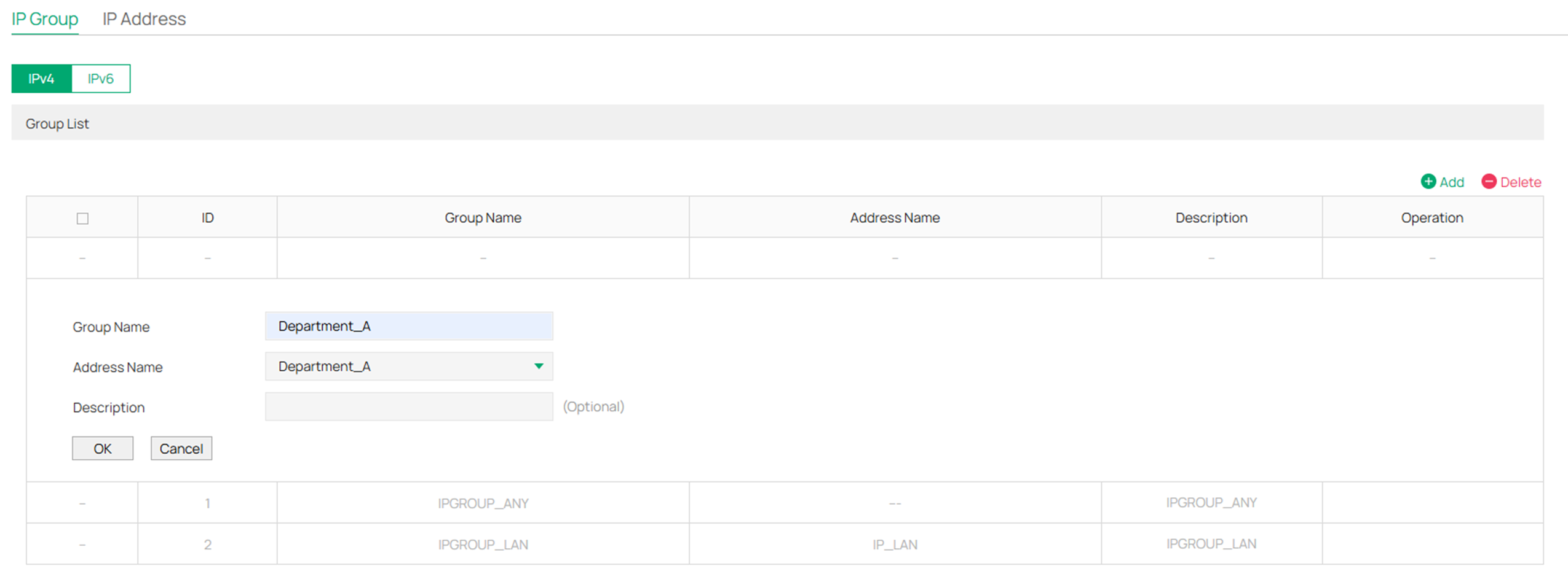Show an example to create a new IP group for department A.