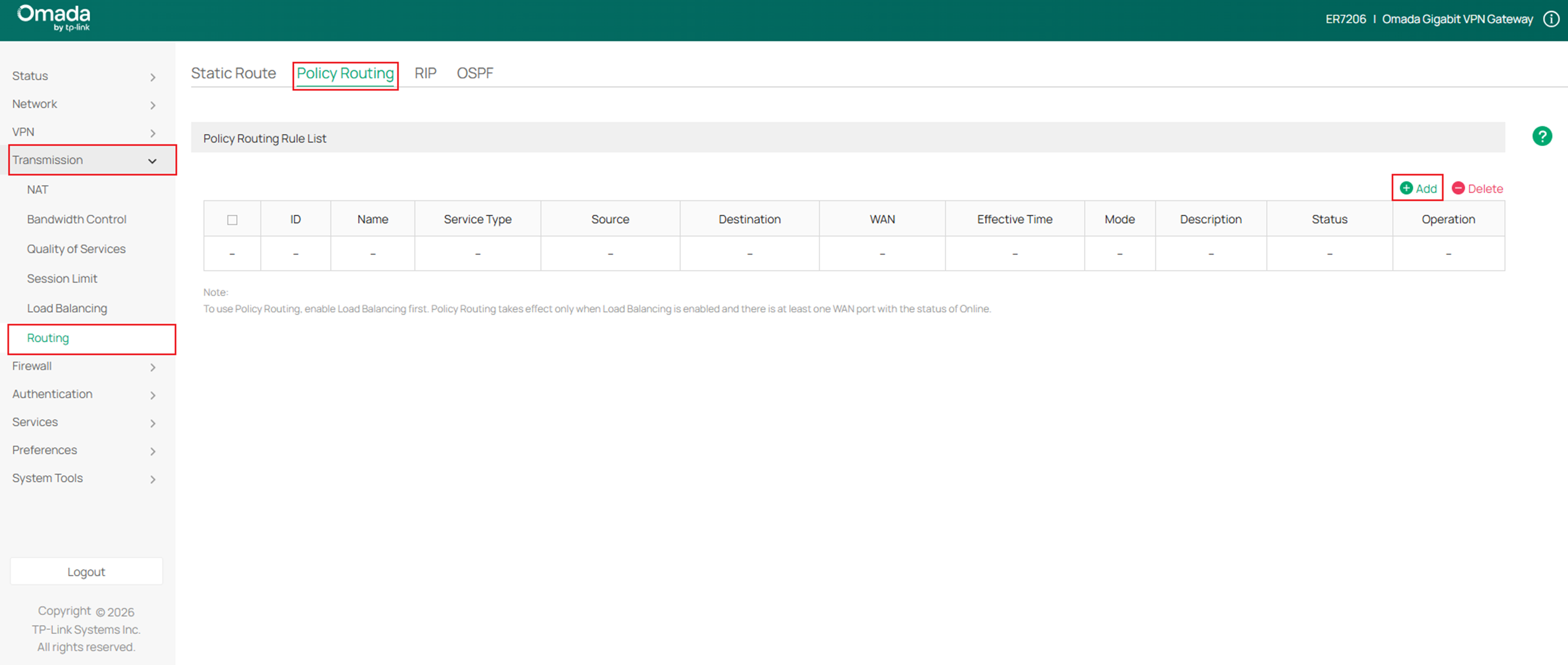 Show the entrance to create a new policy routing rule.