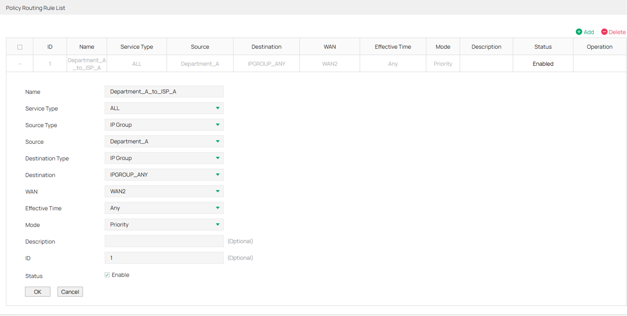 Show an example to configure the policy routing rule for department A.