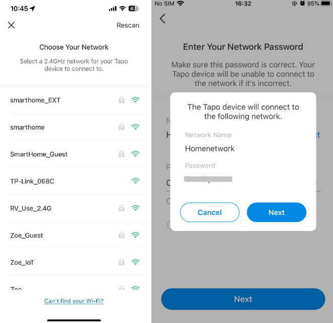 Home Wi-Fi list and Wi-Fi password entering page shown on the Tapo App.