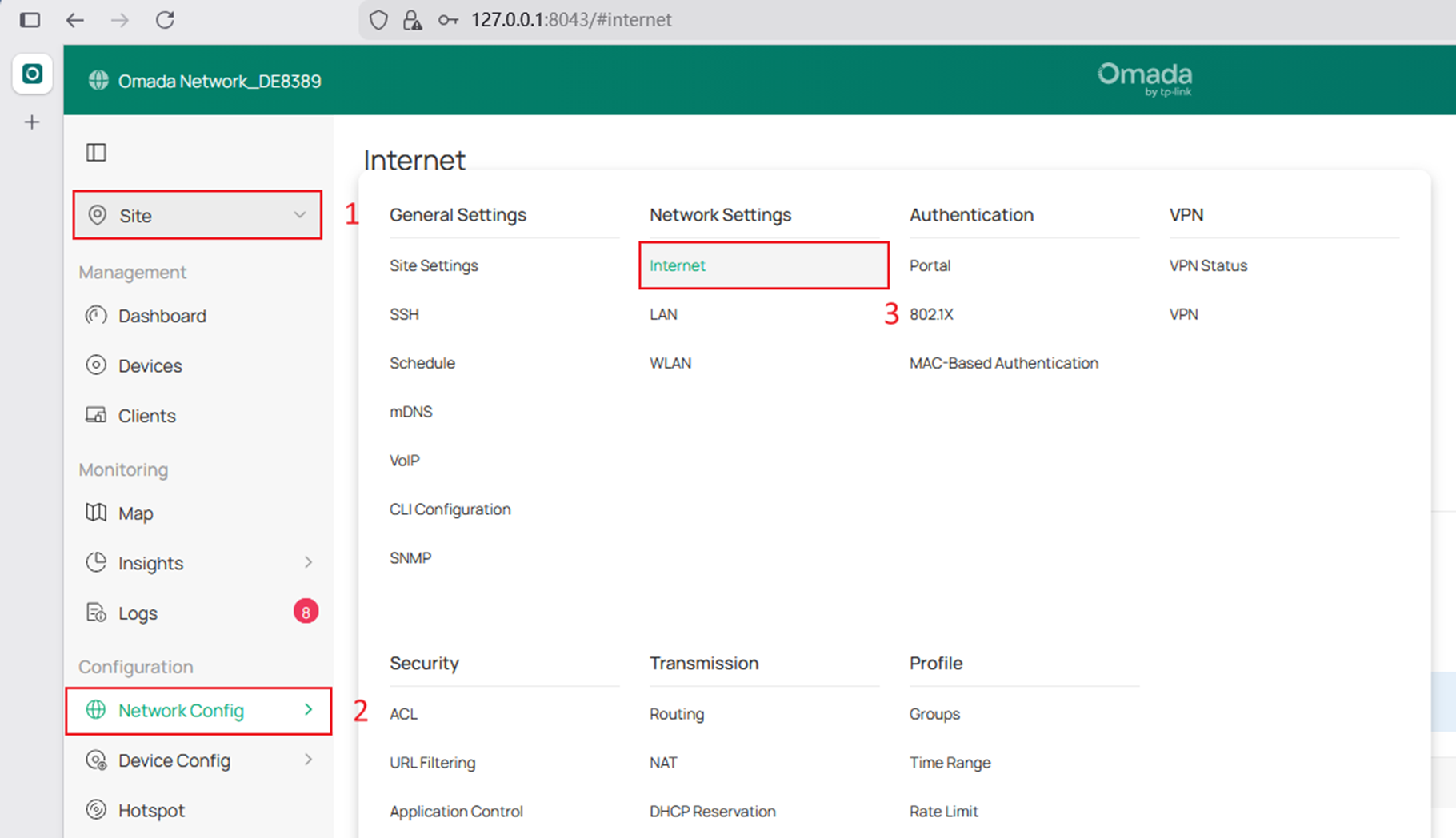 Screenshot showing the path to the Internet settings under the Network Config.