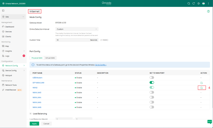 Screenshot showing the Edit button of the WAN port.