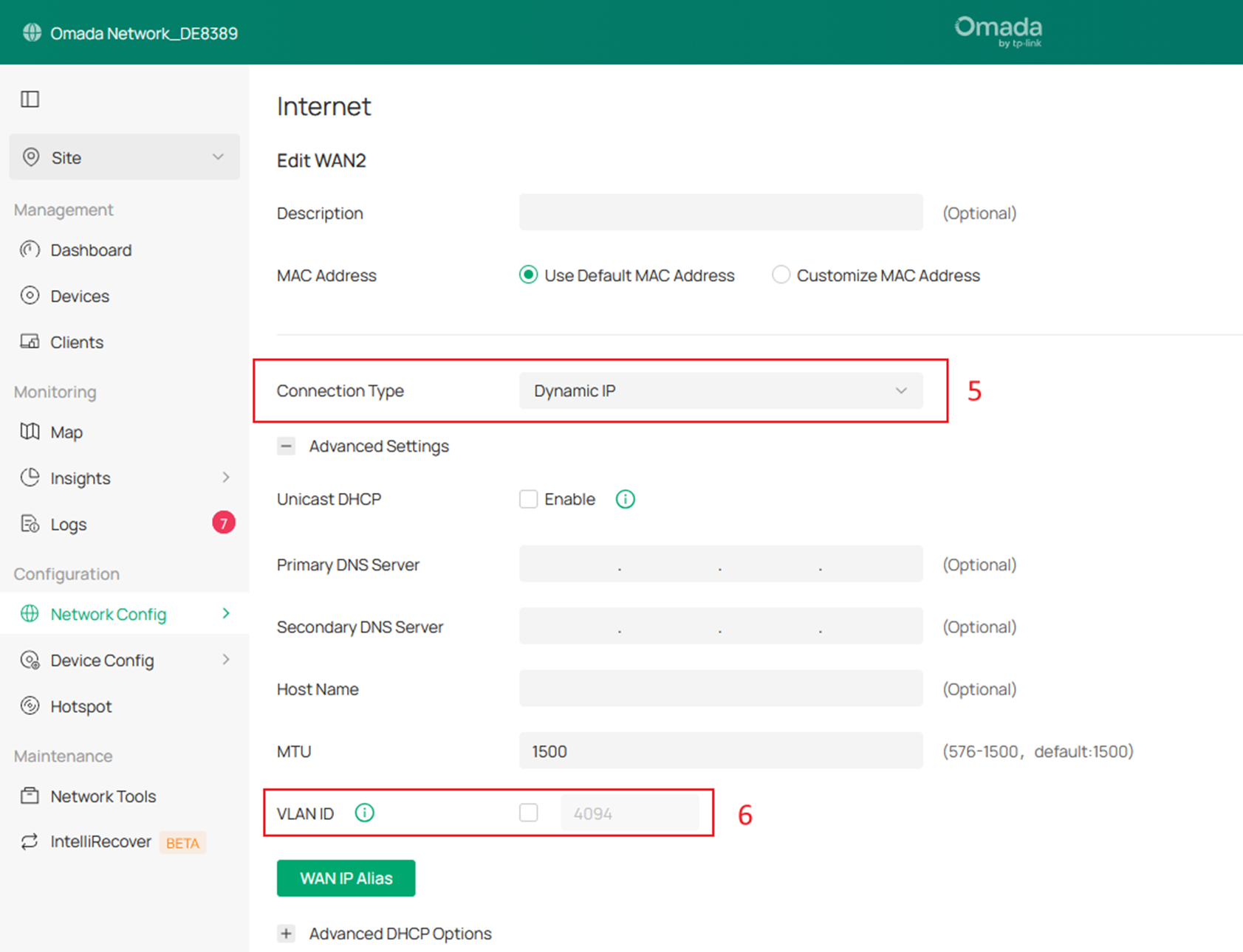 Screenshot showing the Connection Type and VLAN ID configuration options.