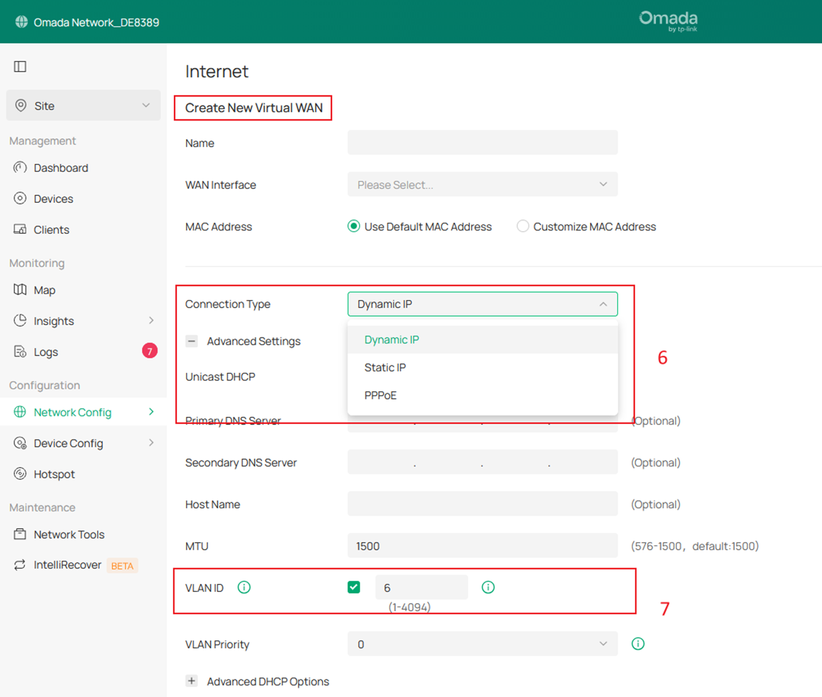 Screenshot showing where to specify the connection type and VLAN ID for the Virtual WAN.