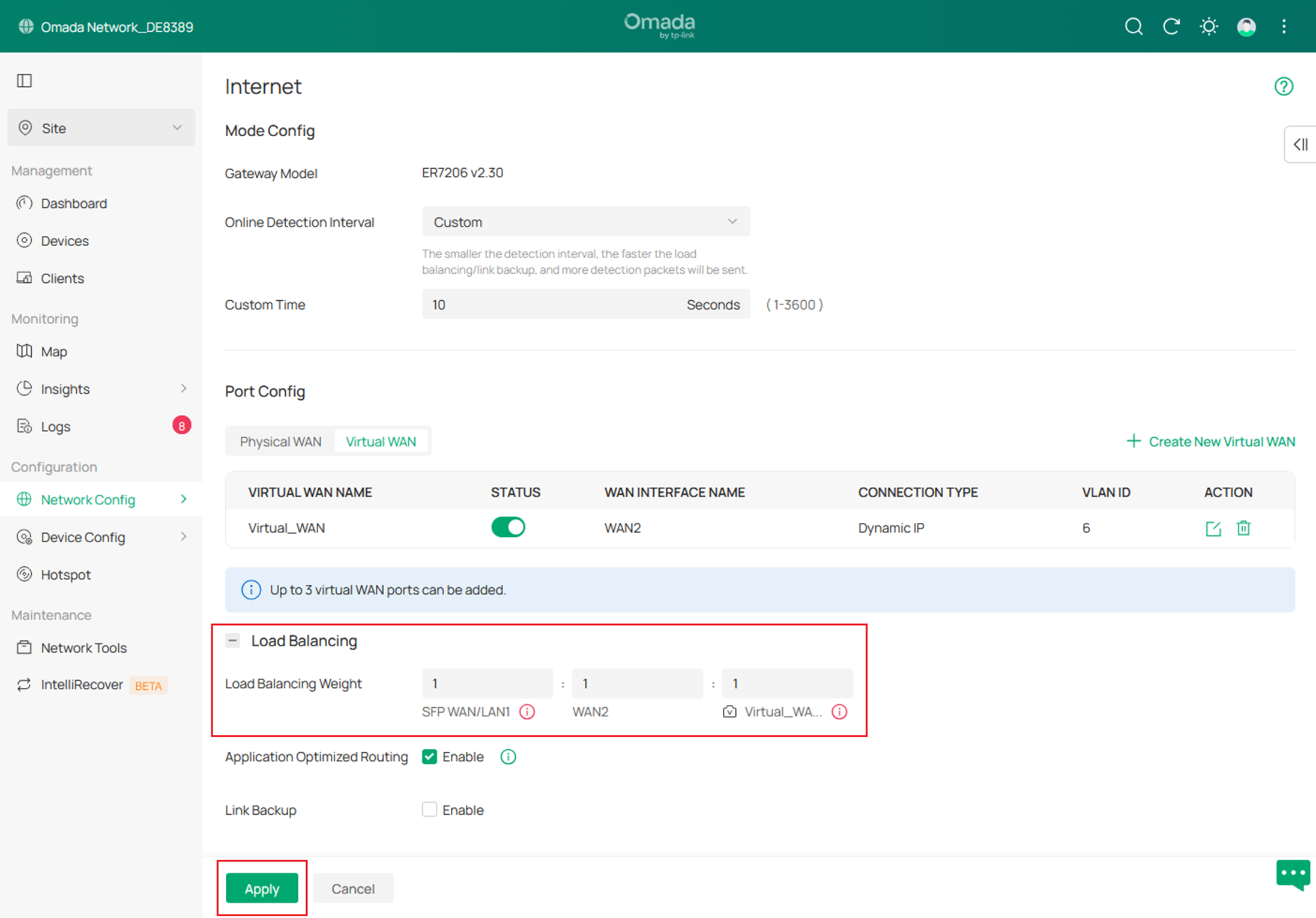 Screenshot showing the configuration options for WAN Load Balancing.