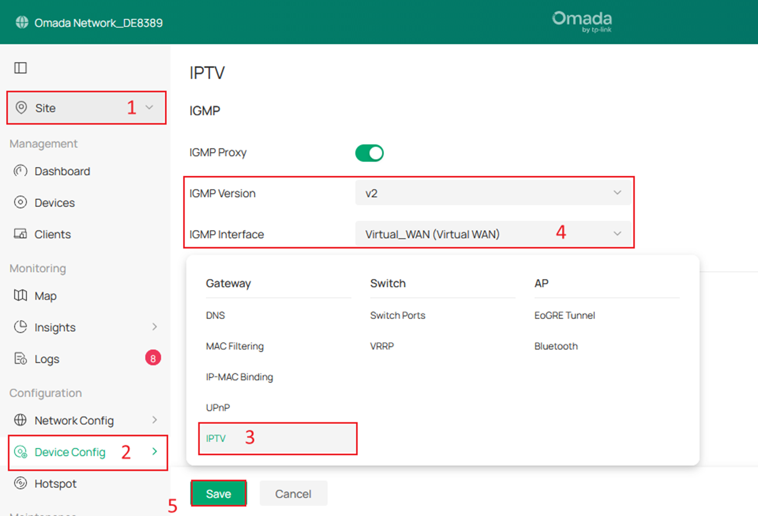 Screenshot showing the navigation and configuration options for IGMP Interface.