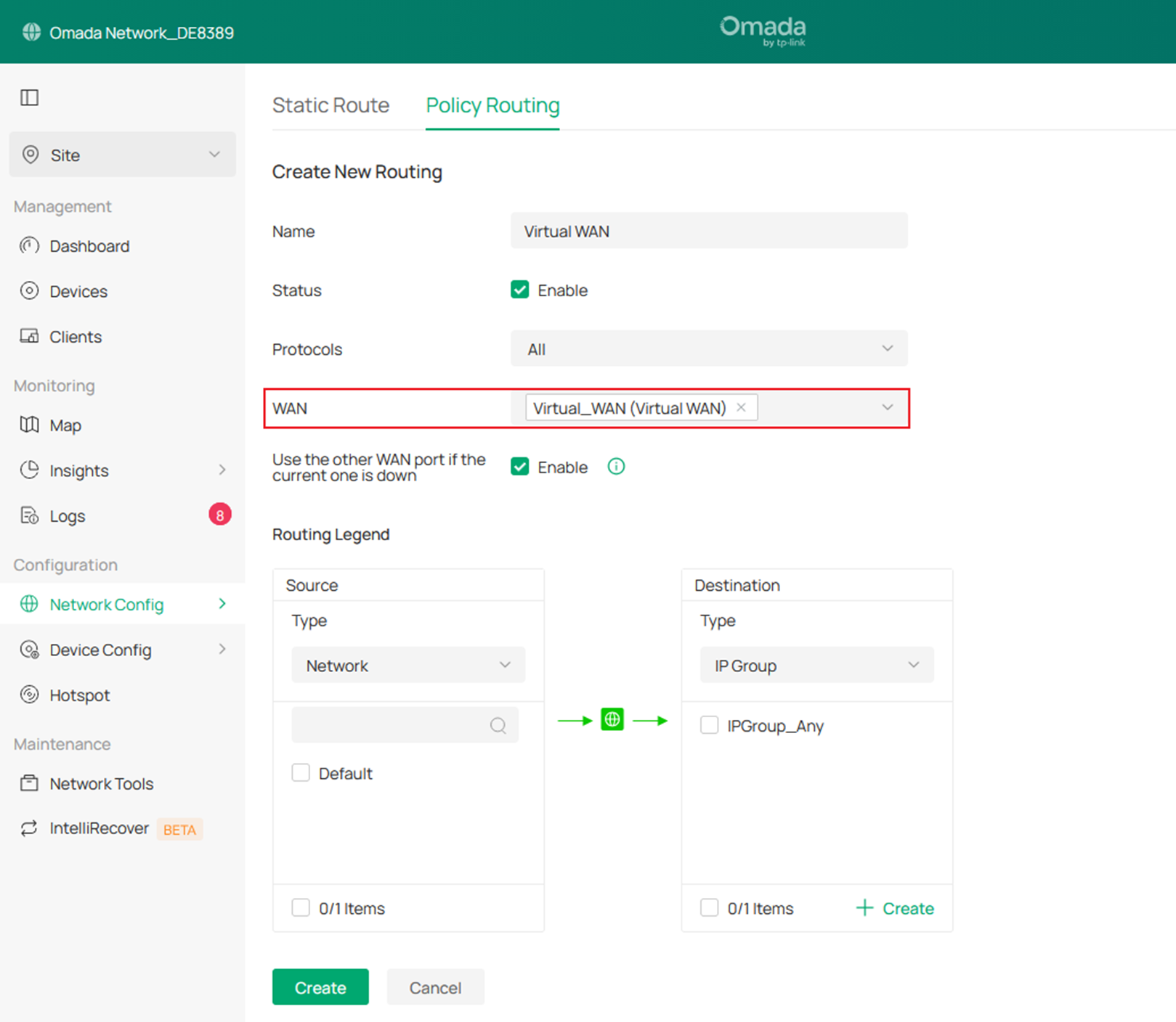 Screenshot showing how to select a Virtual WAN interface when creating a policy routing rule.