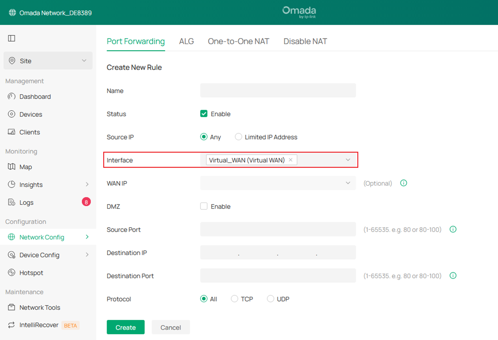 Screenshot showing how to select a Virtual WAN interface when creating a Port Forwarding rule.