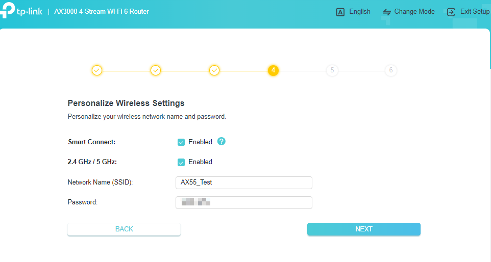 Screenshot of "Personalize Wireless Settings" screen with Smart Connect enabled and network name and password fields.