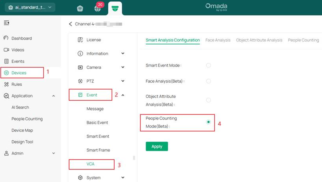 Select the People Counting Mode on Omada Central.