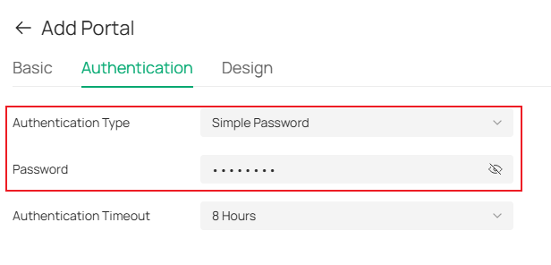 Page for selecting simple password authentication type.