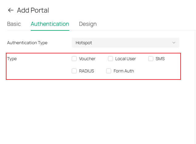 Page for selecting hotspot authentication type.