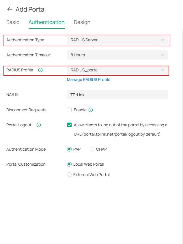 Page for selecting the RADIUS server.