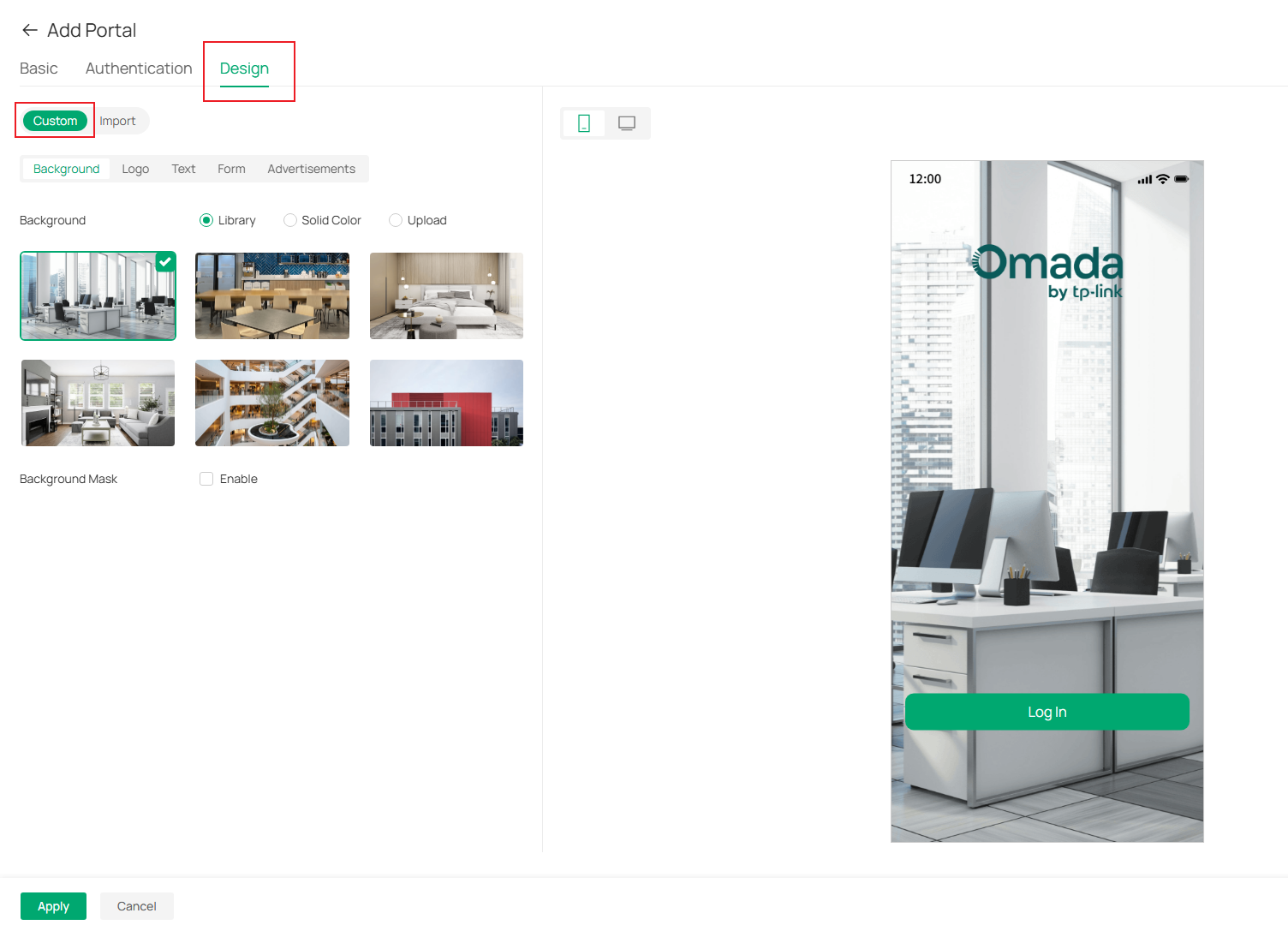Example page when selecting “Custom”.