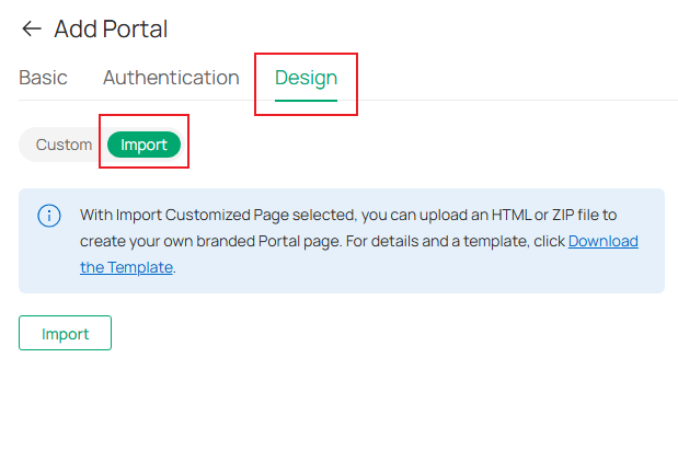 Example page when selecting “Import”.