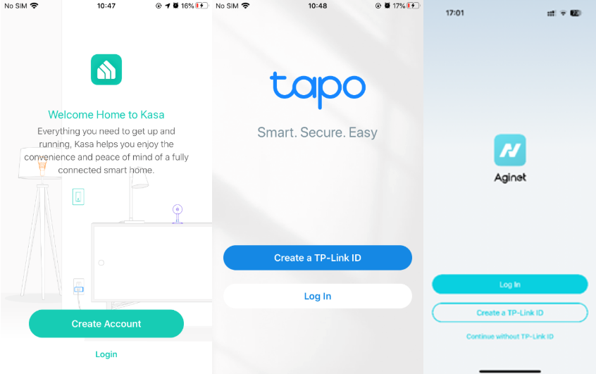 App sign-in screens from Kasa, Tapo, Aginet, and Deco apps showing "Create Account" and "Create a TP-Link ID" buttons.