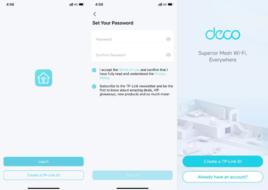 App screens showing the password setup screen with Terms of Use checkbox, and the Deco app sign-in screen.