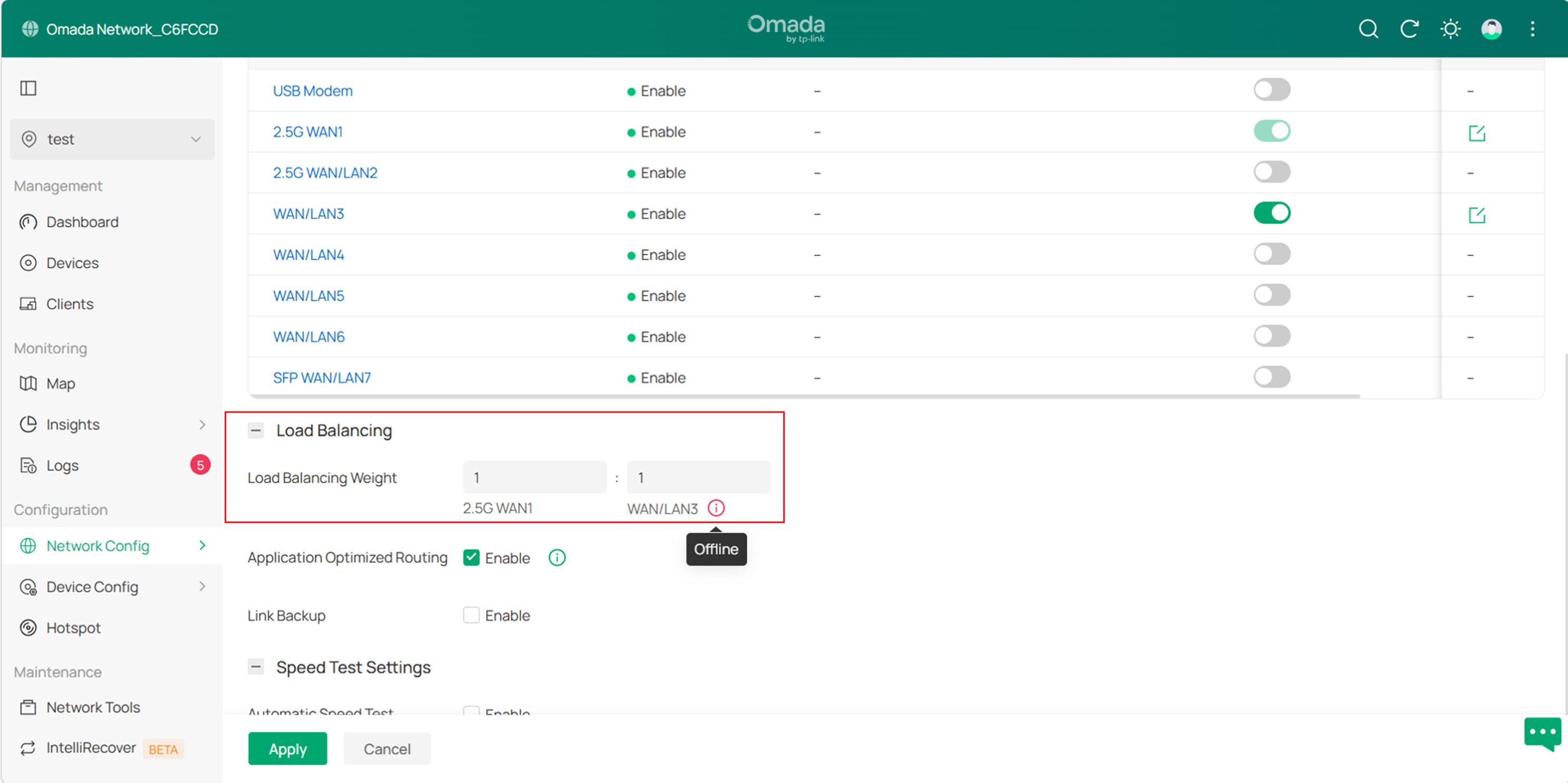 Display Load Balancing configuration page.