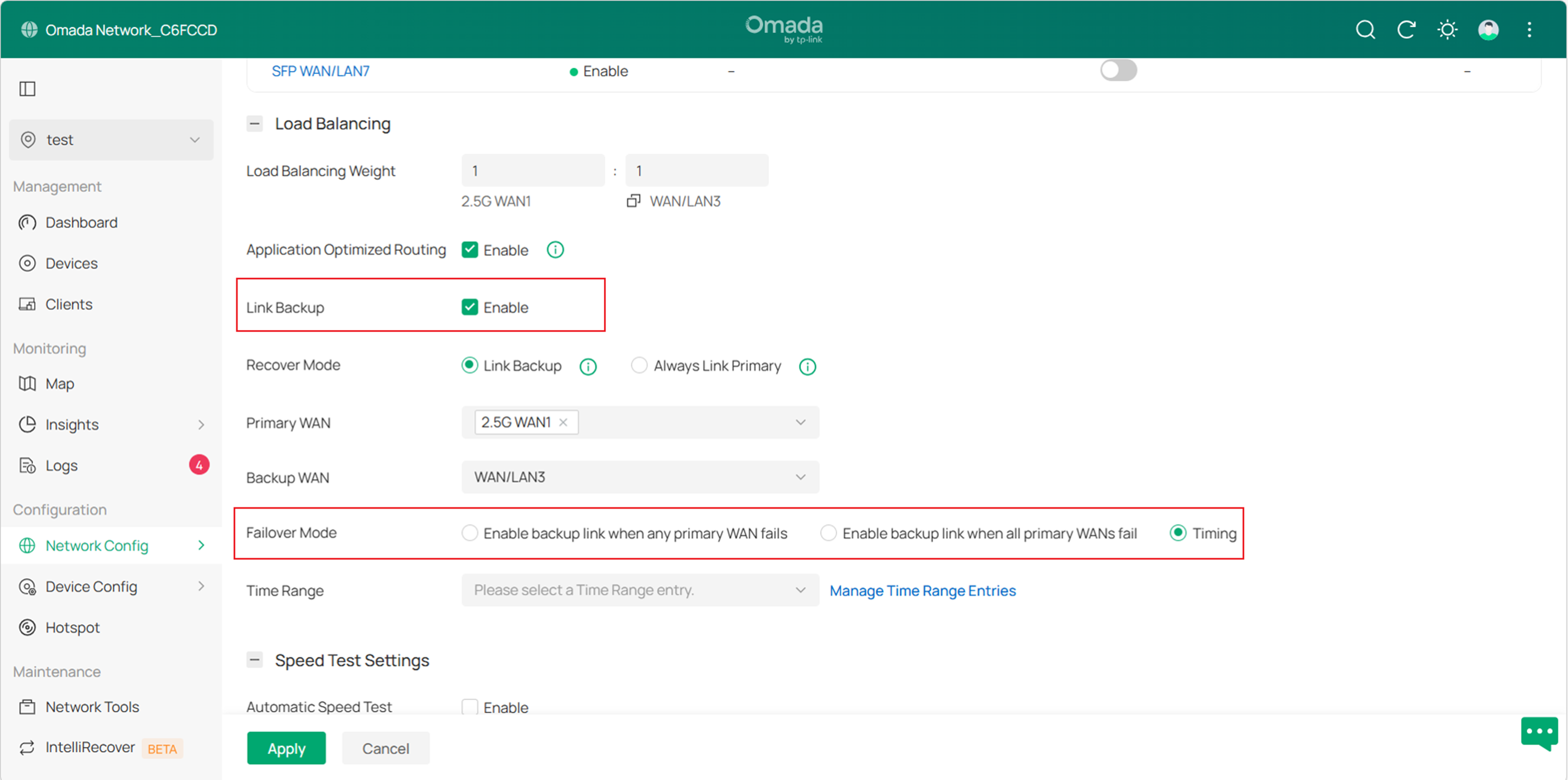 Display the location of the link backup and timing option.