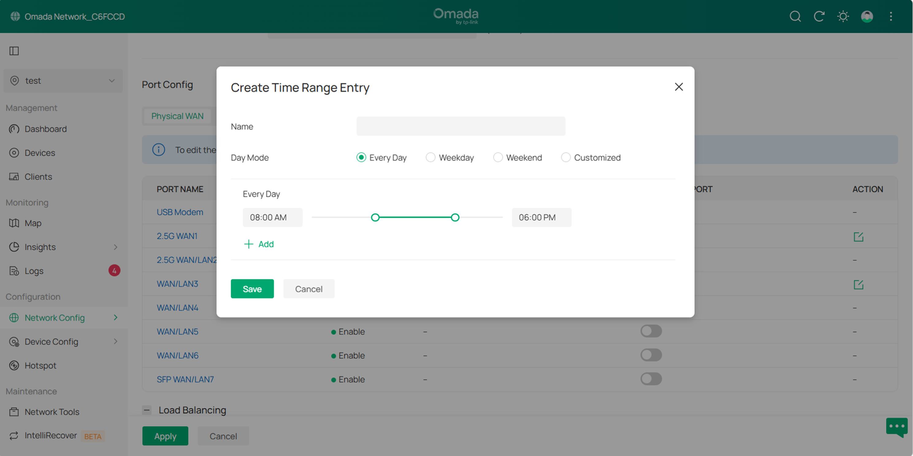 Configuration Page for Creating Time Range Entry.