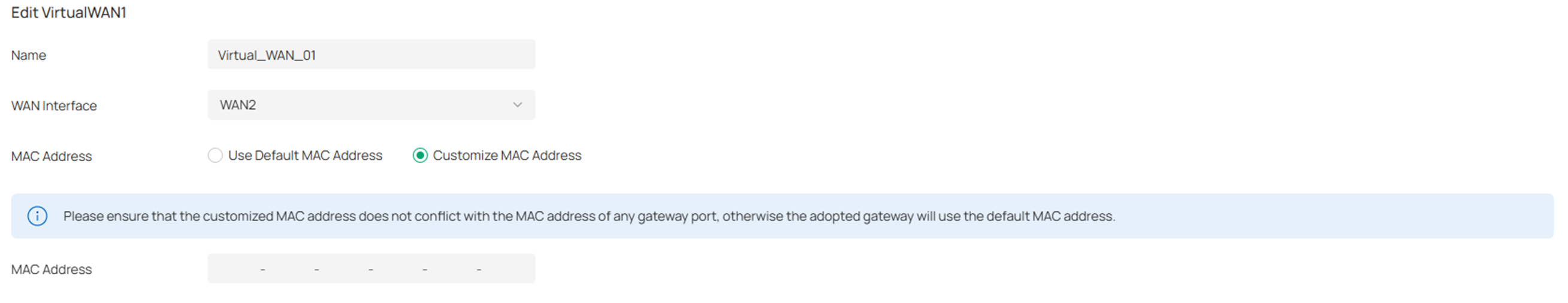 Show an example of configuring the name, WAN interface, and MAC address.