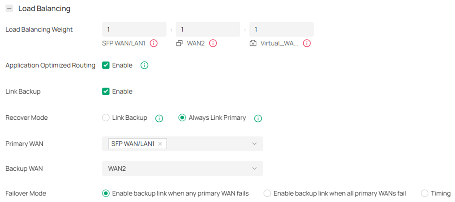 Show an example of configuring load balancing and link backup.