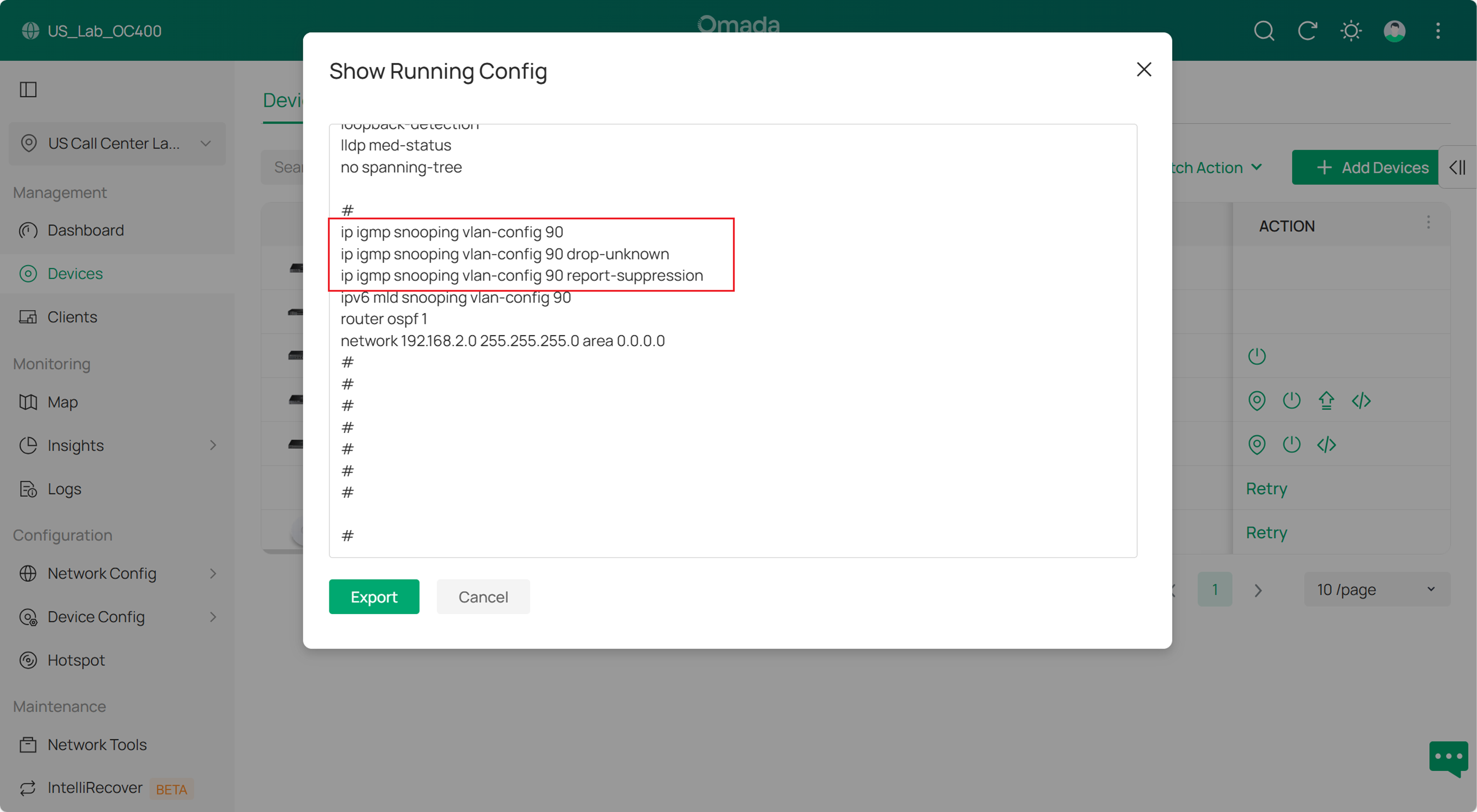 Checking the running-config for verification.