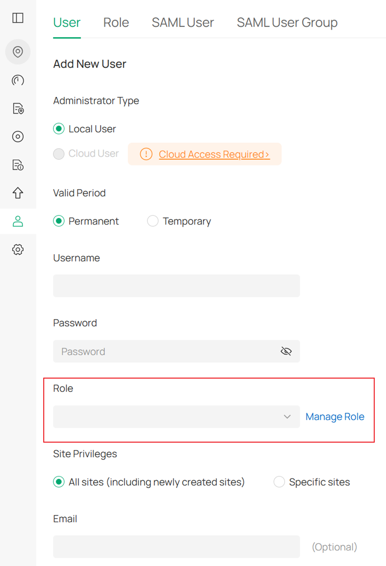Show the role privilege that can be configured for a new user account.