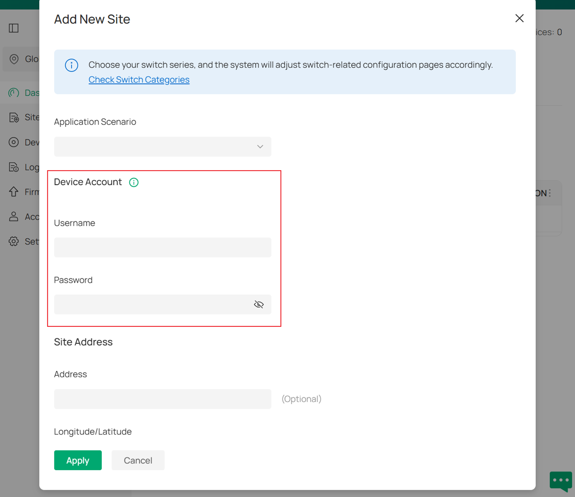 show the location to set the device account when creating a new site.  User Account of Omada device.