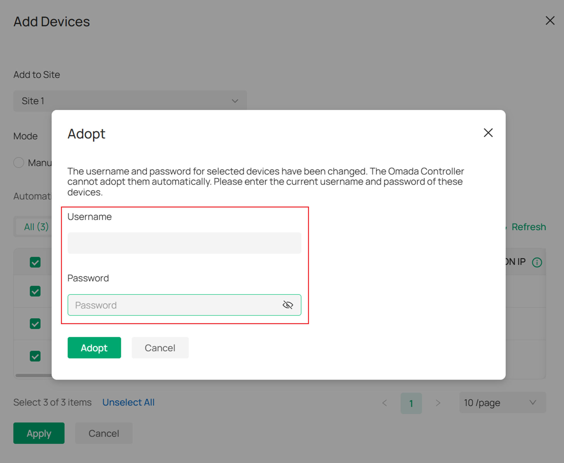 Show the location where you need to enter the user account during device adoption.