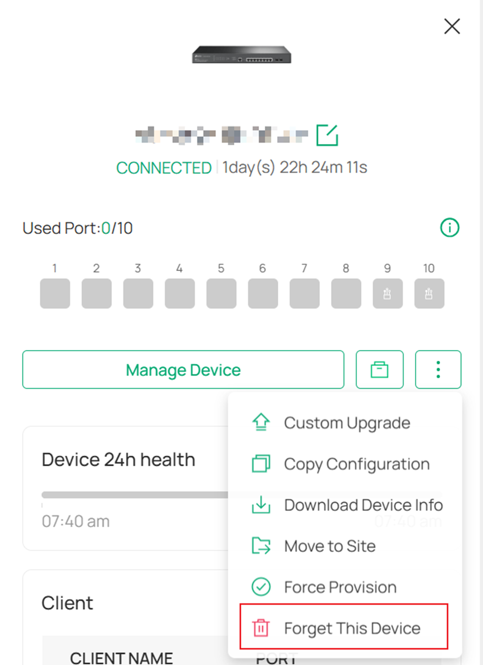 Show the location to forget a device.