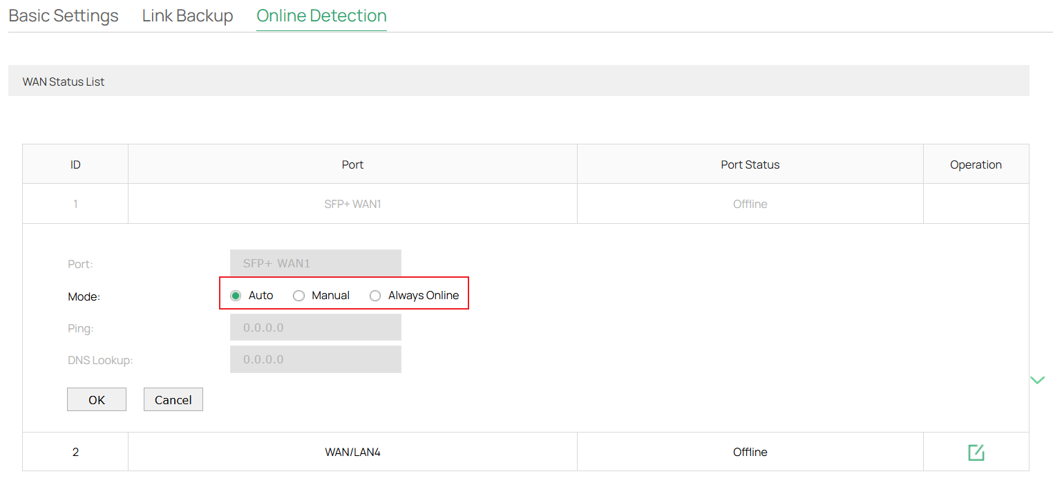Paramètres de configuration de la détection en ligne en mode autonome.
