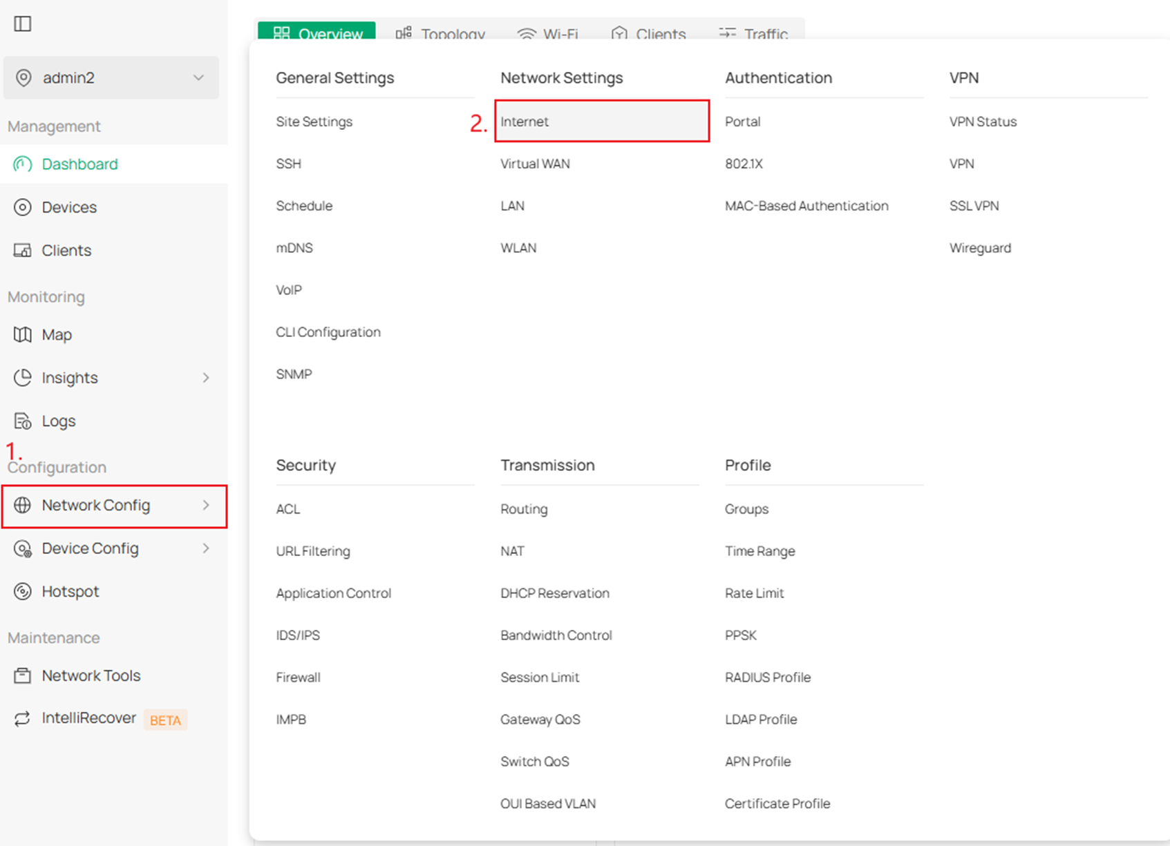 Position de la fonctionnalité Internet dans le contrôleur Omada.