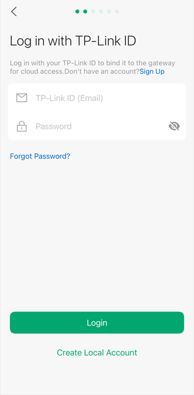 Show the interface to bind a TP-Link ID or create a local account.