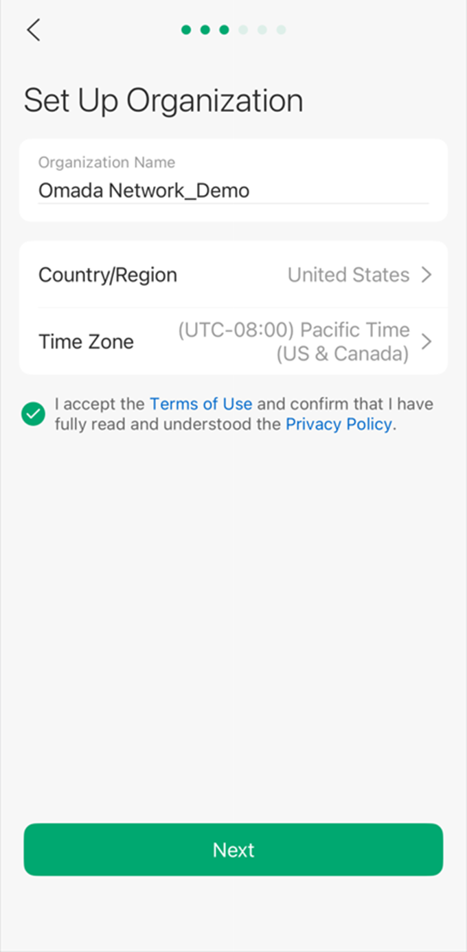 Show an example of configuring the name, country, and time zone.