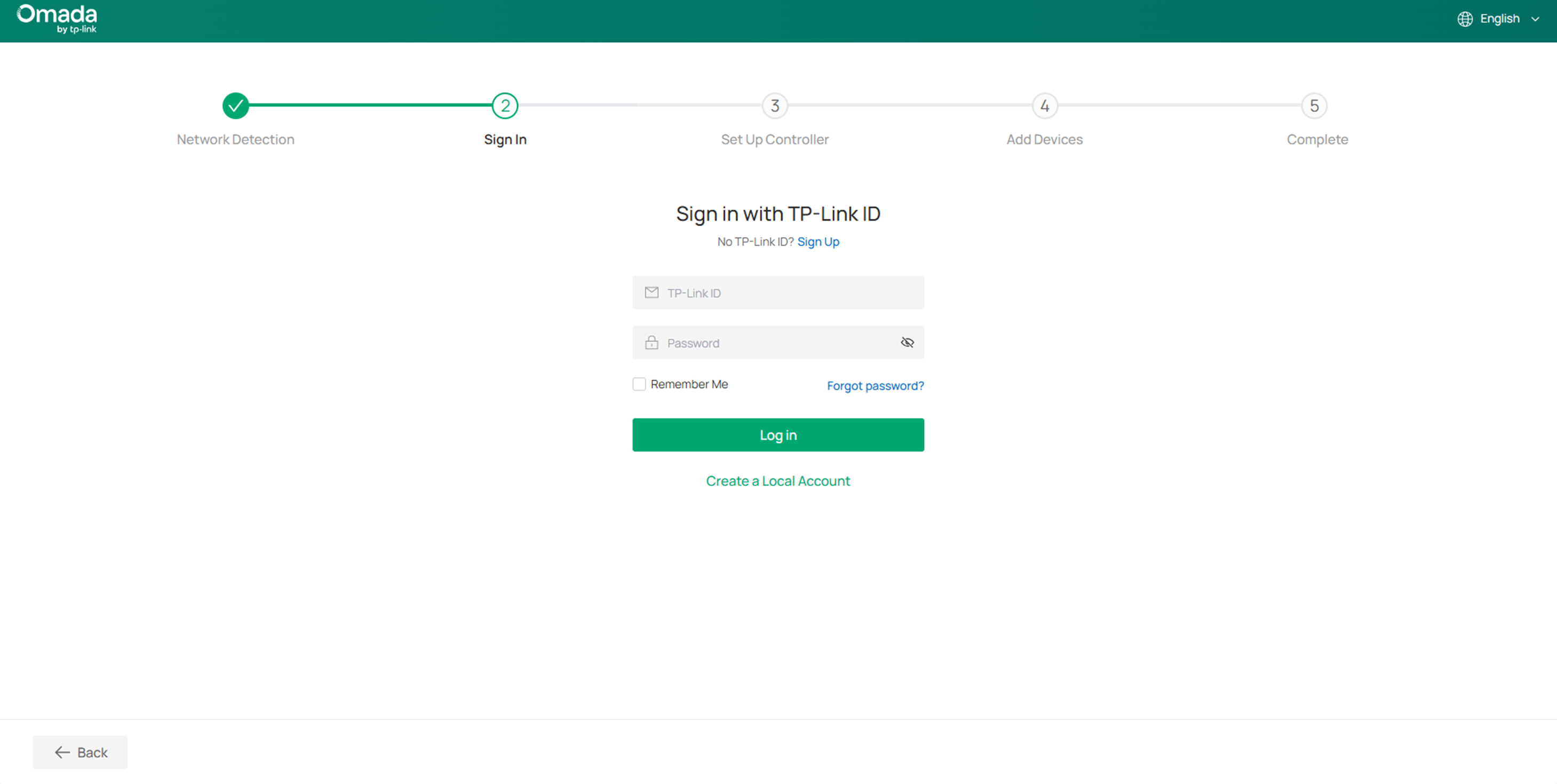 Show the interface to bind a TP-Link ID or create a local account.