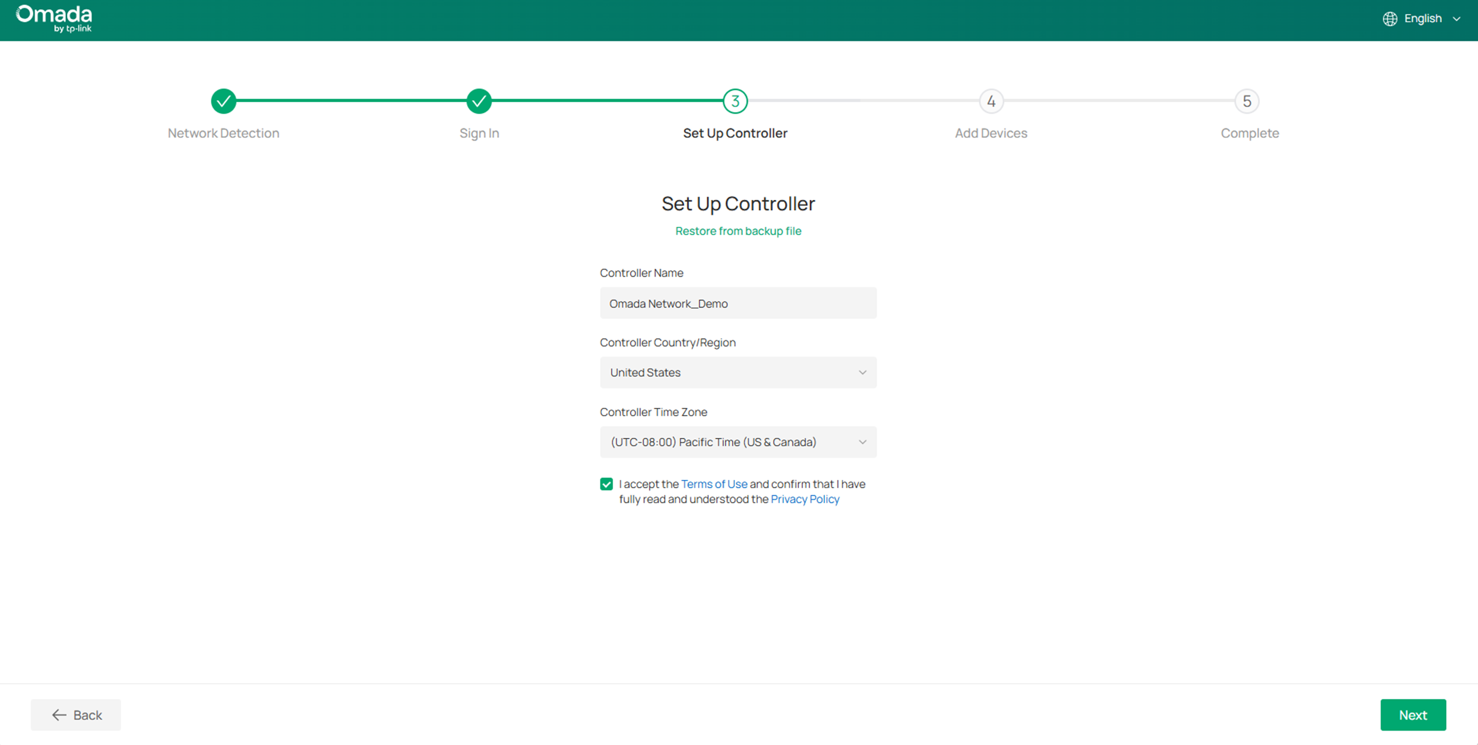 Show an example of configuring the name, country, and time zone.