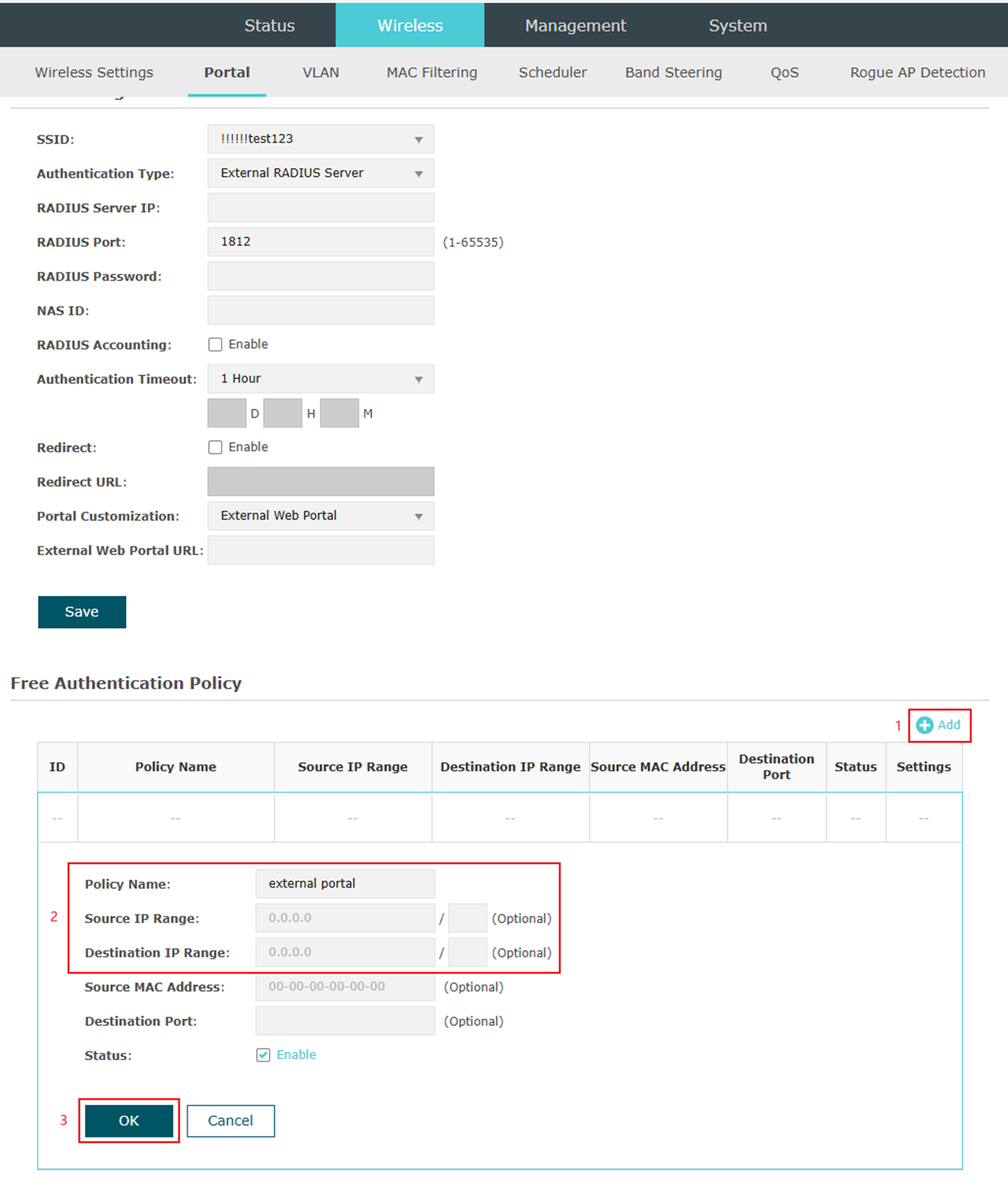 The free authentication policy configuration page in EAP standalone page.